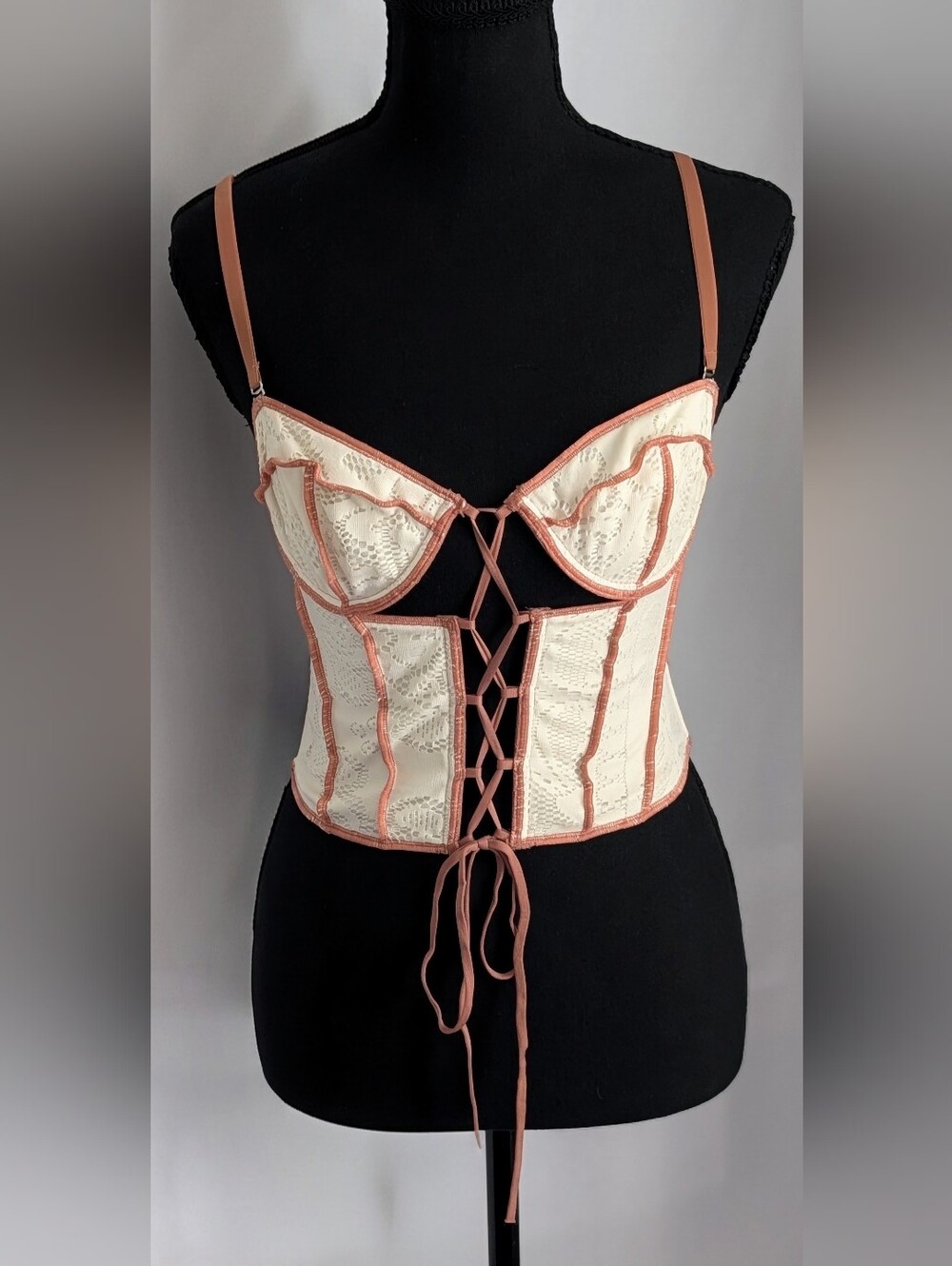 Out From Under M Lace Corset Bustier Cream Rust Rose Lace Up
